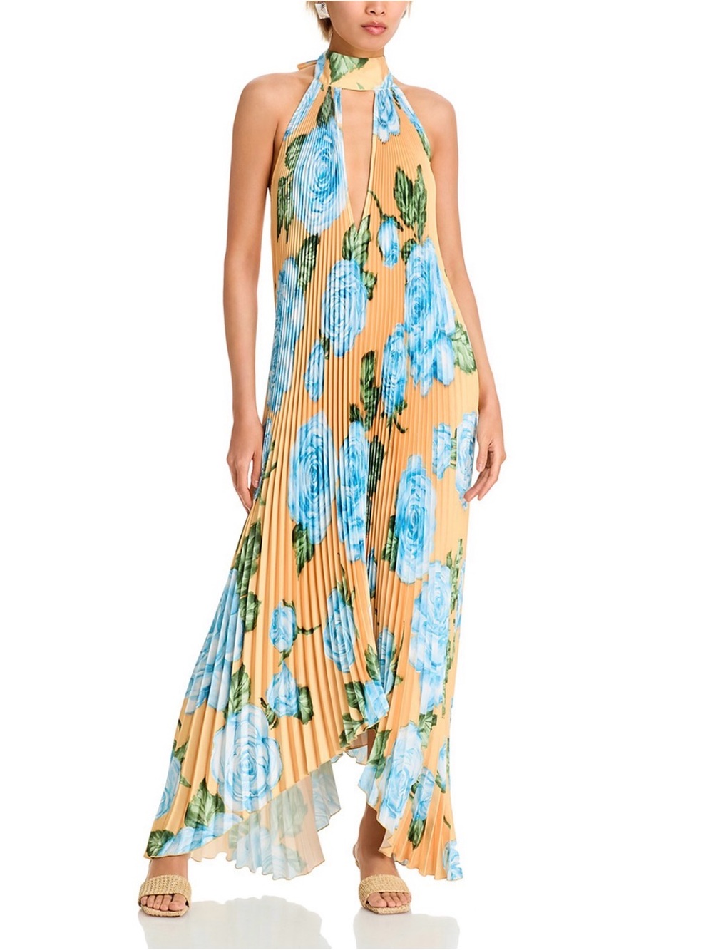 Pleated High-Low Halter Dress in Peach with Blue Floral